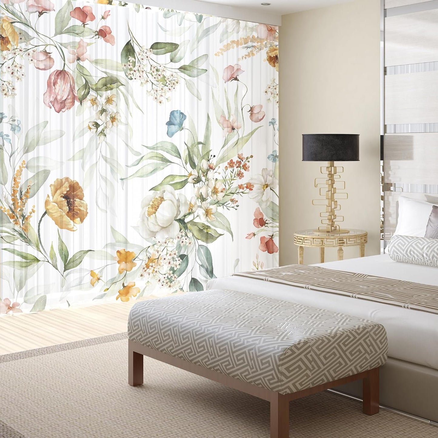 Floral Sheer Curtains for Living Room 63 inch Length 2 Panels Set Elegant Yellow Flower Spring Printed Window Curtain Chiffon Drapes for Bedroom