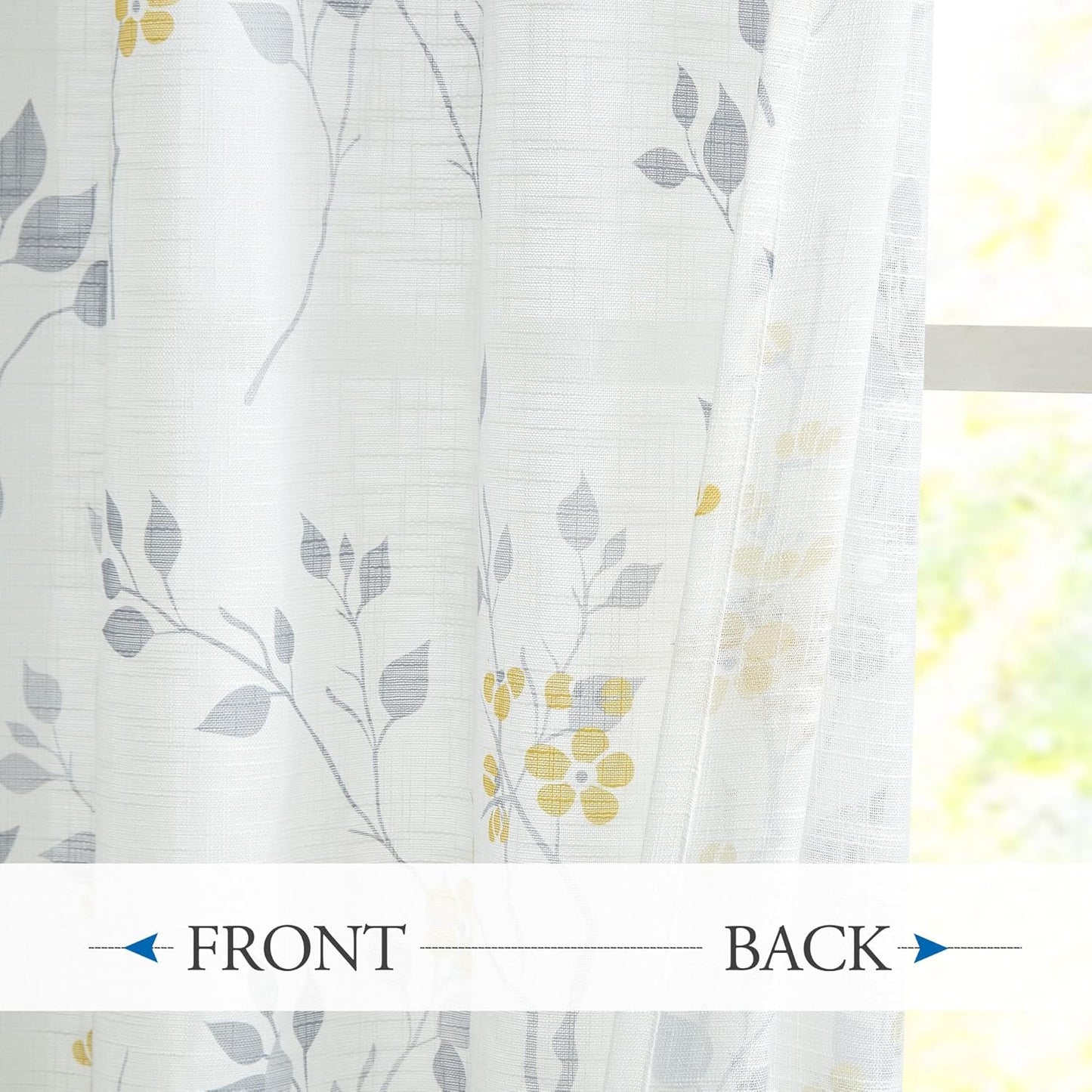 Beauoop Floral Linen Semi Sheer Curtains 84 Inches Long 2 Panels for Living Room Bedroom Yellow Grey Farmhouse Flower Patterned Light Filtering Textured Grommet Top Window Treatments Drapes, 50x84