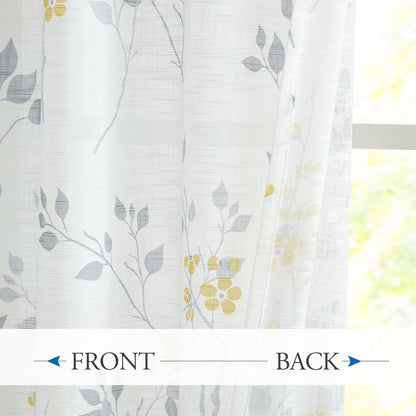 Beauoop Floral Linen Semi Sheer Curtains 84 Inches Long 2 Panels for Living Room Bedroom Yellow Grey Farmhouse Flower Patterned Light Filtering Textured Grommet Top Window Treatments Drapes, 50x84