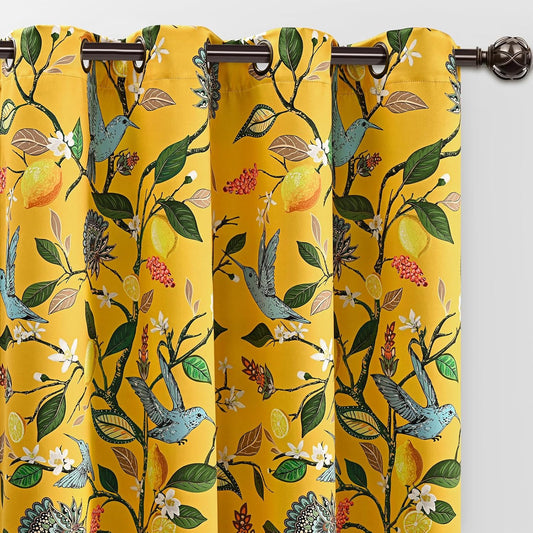 FRAMICS 100% Blackout Curtains for Bedroom Vintage Yellow Floral Curtains for Living Room 84 Inches Long, Luxury Patterned Curtain Lemon Hummingbird Grommet Thermal Insulated Drapes, 2 Panels