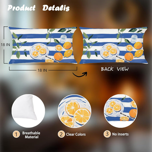 Summer Lemon Pillow Cover 12x20 Double-Sided, Lemon Home Decor, Trendy Blue and White Striped Yellow Fruit Decorative Lumber Throw Pillow Cover for Home Bedroom Living Room