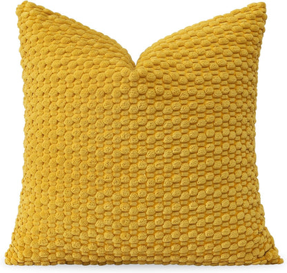 OTOSTAR Pom Poms Decorative Corduroy Throw Pillow Covers 22x22 Inch Super Soft Boho Striped Square Cushion Covers Case Geometric for Sofa Couch Bedroom Car Decor Set of 1, Yellow