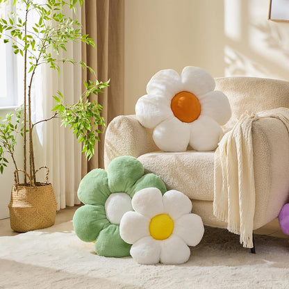 CANGHI Flower Pillow White Yellow 15.7" Plush Throw | Cute daisy shaped aesthetic cushion for bed, sofa, chair & floor seating, cozy floral home accent.