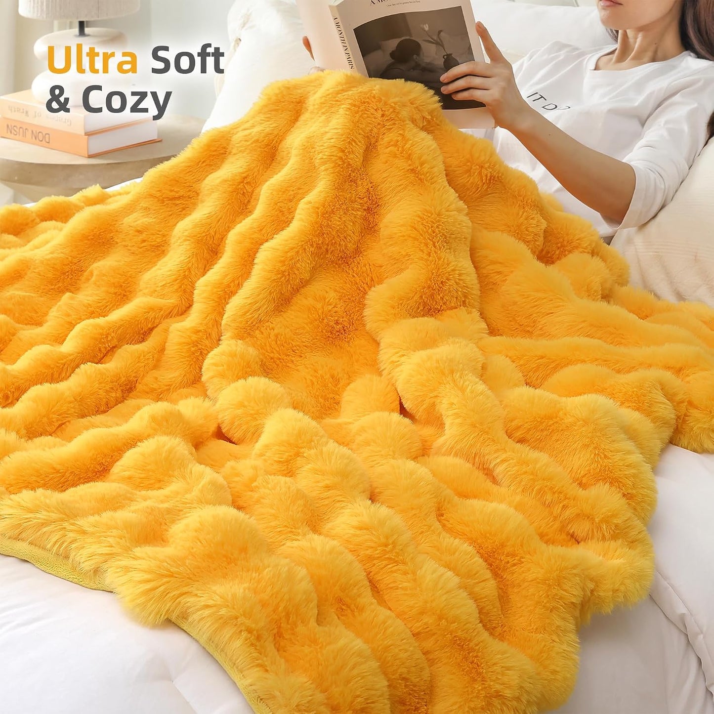 Smoofy Faux Fur Throw Blanket for Couch - Mustard Yellow Soft Cozy Bubble Blanket, Fluffy Plush Fuzzy Throw for Sofa & Bed, Thick Lightweight Warm Blanket, Luxury Aesthetic Gift for Women 50"x60"