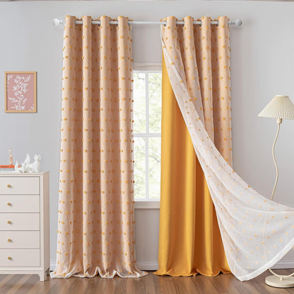 MYSKY HOME 90 Inches Long Living Room Curtains with Yellow Pom Pom Sheer Nursery Curtain Kids Blackout Drapes for Bedroom Double Layer Room Darkening Window Panels Grommet, Yellow, 52" Wide, 2 Pieces