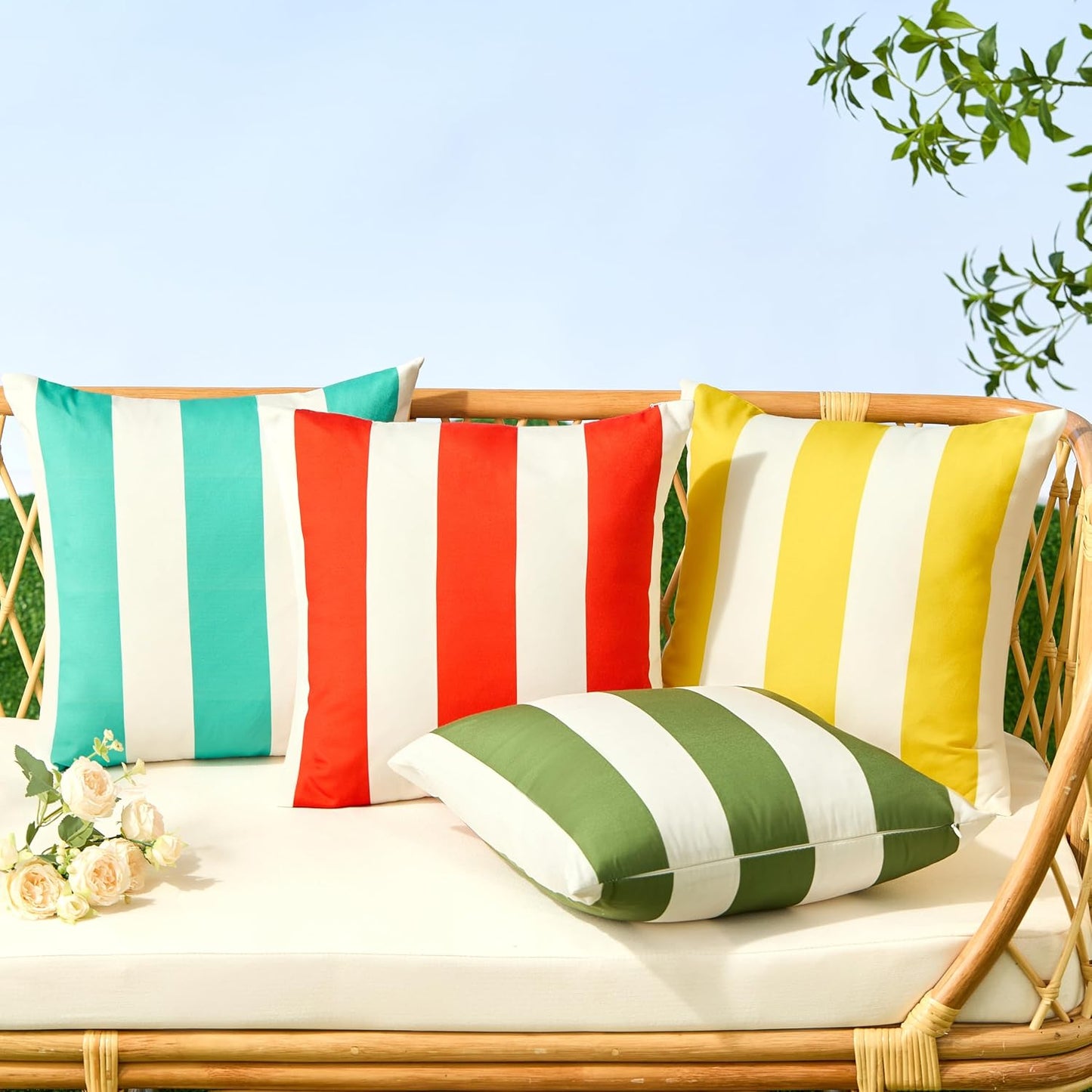 Allorry Outdoor Pillow Covers 18x18 Set of 2 Yellow Striped Decoration Throw Pillow Covers for Spring Summer Outdoor Waterproof Garden Patio Furniture Sofa Bed Home Decor JB007-F18