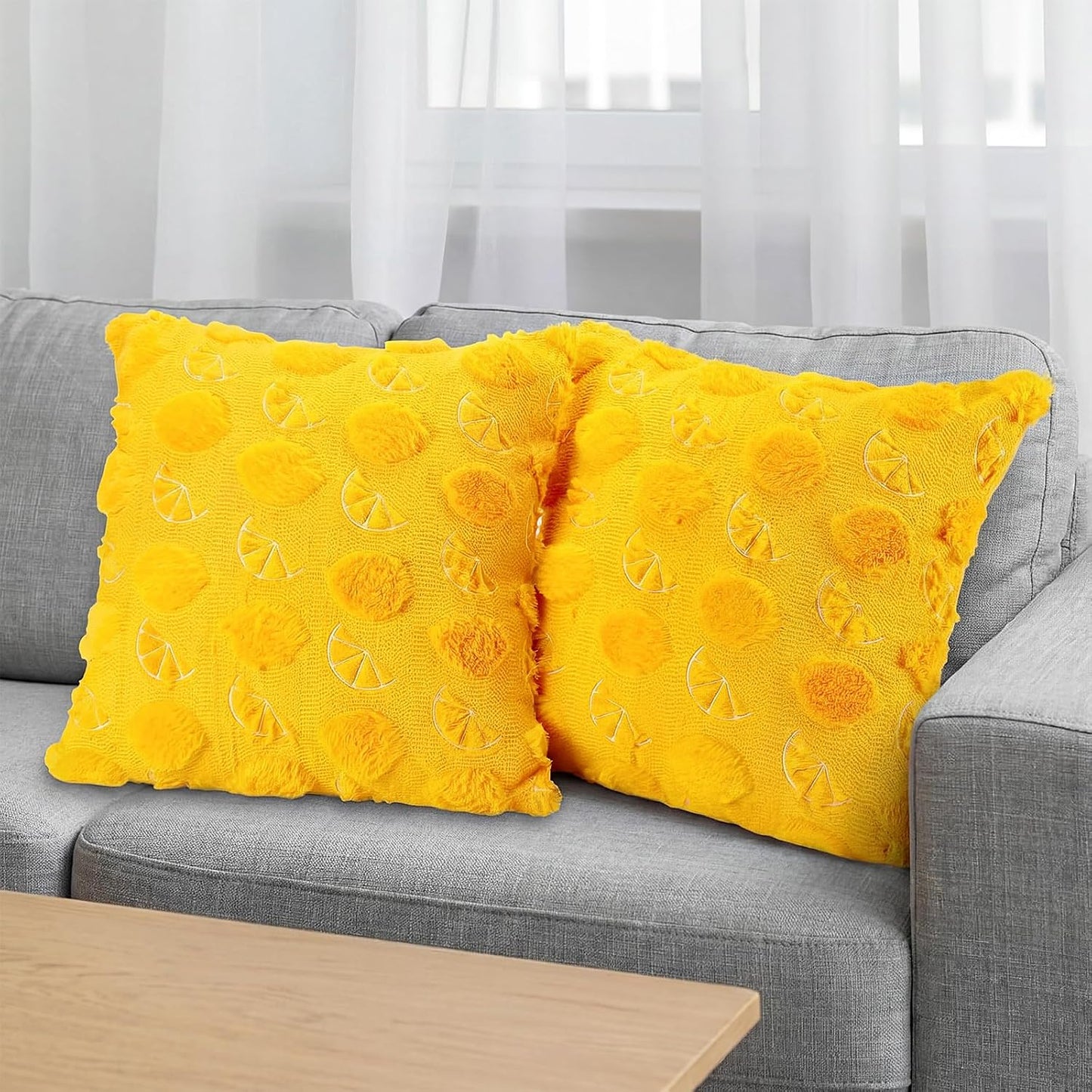 Novabright Set of 2 Decorative Yellow Pillow Covers 18 X18 Cute Lemon Faux Fur Throw Case Soft Plush Aesthetic Pillow Covers for Holiday Gift Sofa Couch Living Room Decor