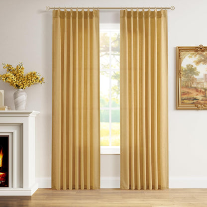 Aersas Gold Yellow Pinch Pleated Linen Curtains 84 Inch Length 2 Panels for Living Room Bedroom Semi Sheer Window Curtain Boho Neutral Back Tab Pinch Pleat Drape with Hooks 40x84