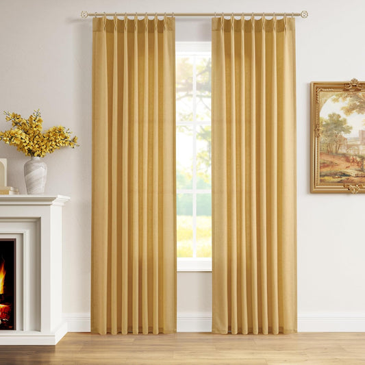Aersas Gold Yellow Pinch Pleated Linen Curtains 84 Inch Length 2 Panels for Living Room Bedroom Semi Sheer Window Curtain Boho Neutral Back Tab Pinch Pleat Drape with Hooks 40x84