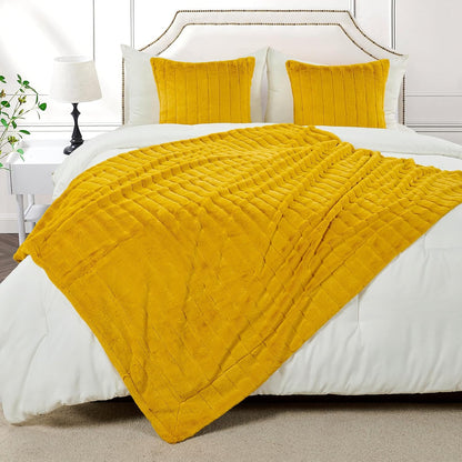 Home Soft Things Rabbit Faux Fur Throw Blanket (50" x 60") and 2 Pillow Covers (18" x 18")，3 Piece Lemon Curry Throw Pillow Set，Decorative Throw Blankets for Couch Bed Living Room