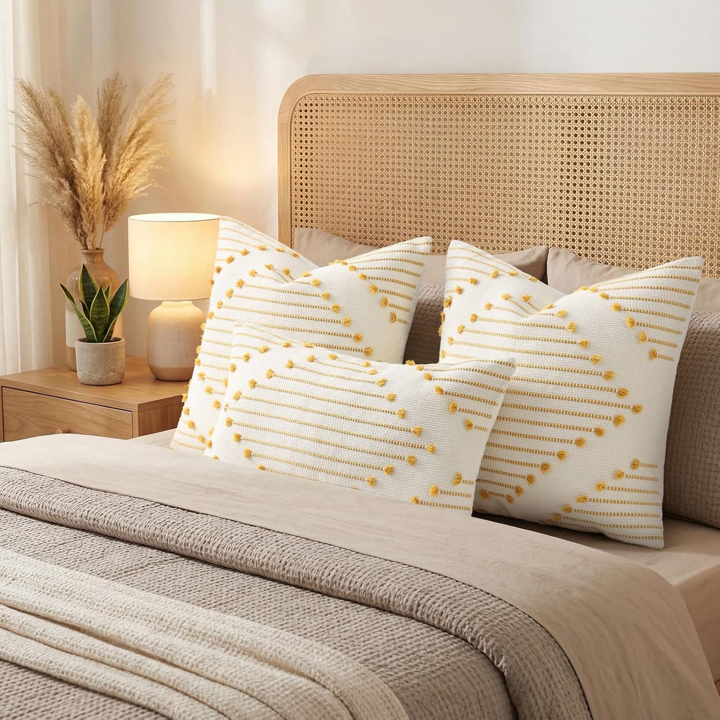 Mecatny Boho Summer Outdoor Throw Pillow Covers 12X20 Set of 2, Farmhouse Lumbar Pillow Covers for Couch Sofa Living Room, Yellow & White