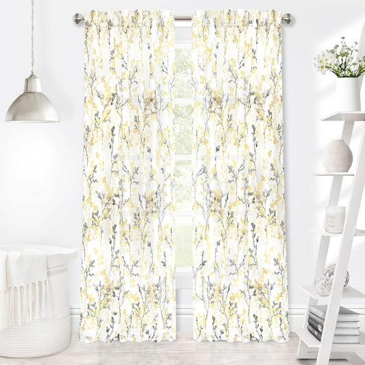 Woven Trends 2-Pack Floral Semi Sheer Floral Curtains for Living Room and Bedroom, Shabby Chic Botanical Light Filtering Curtains, Set of 2, 52" W x 84" L, Light Yellow