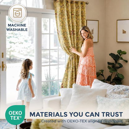 HLC.ME Florence Mustard Yellow Floral Curtains - Whimsical Hummingbird Chinoiserie Patterned Back Tab Rod Pocket Print Curtains Bedroom - Light Blocking Darkening Window Panels, Set of 2 (52 W x 84 L)