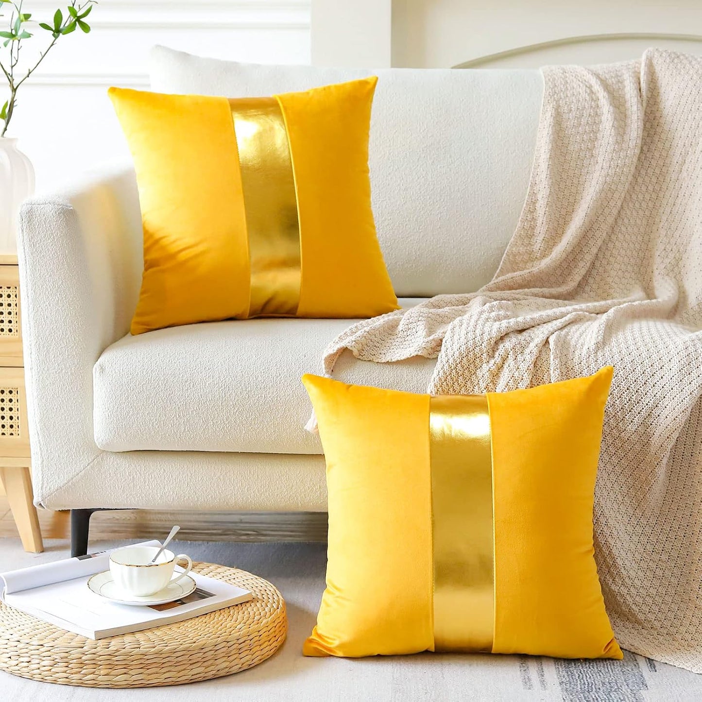 Artscope Yellow Velvet Throw Pillow Covers with Gold Leather Stitching Luxury Modern Minimalist Square Pillowcase Cushion Covers for Bed Couch Sofa 18x18Inch Set of 2