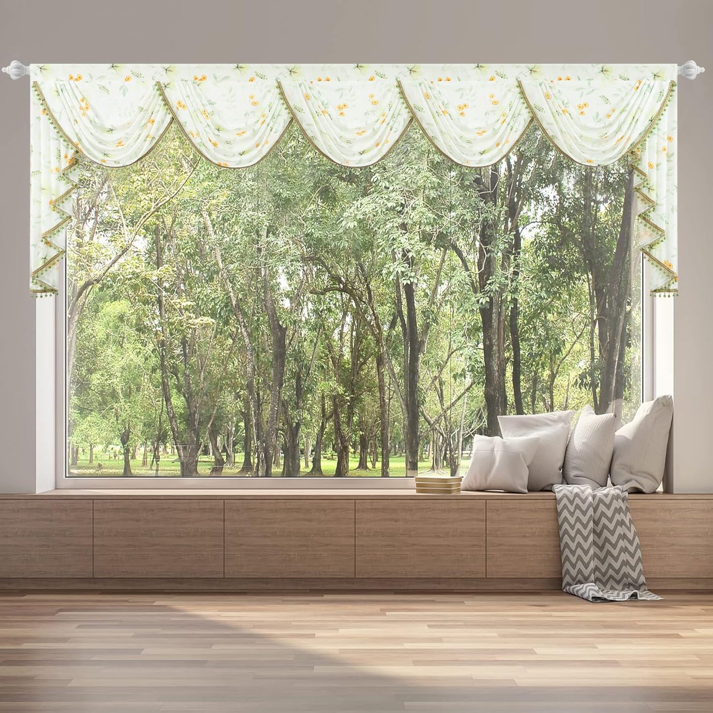 Leeva Extra Wide Sheer Valance for Windows, Yellow Flower Print Waterfall Valance with Bead Tassels, Voile Window Curtains for Living Room Decor, 138" x 43"