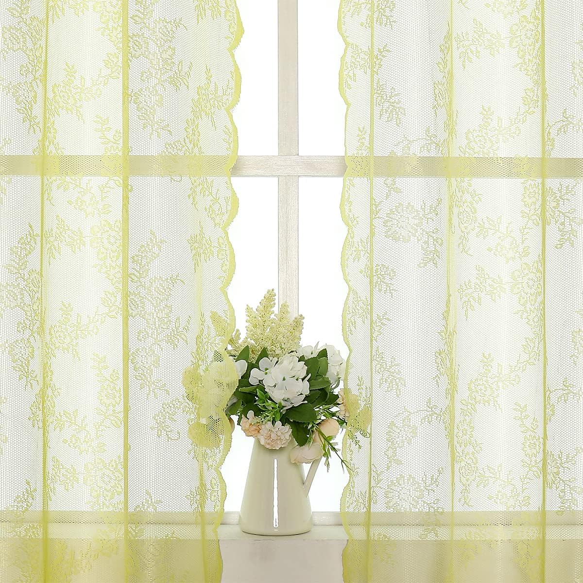 Yellow Lace Curtains for Bedroom 84 Inches Long Elegant French Rose Embroidered Sheer Curtain Panels Durable Floral Lace Fabric Grommet Window Treatment Drapes for Living Room, 55" w 2 Panels