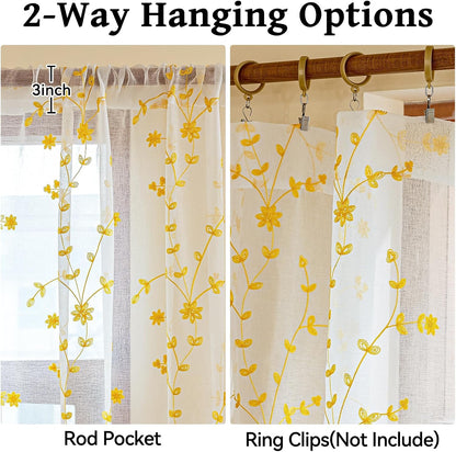 AmHoo 2 Panels Leaf Flora Embroidered Farmhouse Semi Sheer Curtain Voile Curtains for Living Room Bedroom Window Treatment White Gold Yellow 53 x 84 Inch