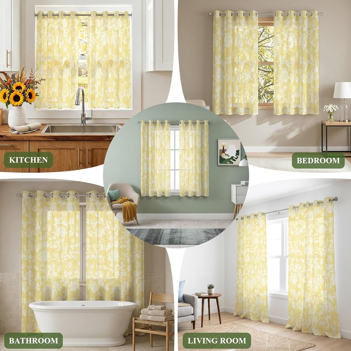 Lemon Yellow Flower Sheer Curtains 39 Inch Long 2 Panels, Pastoral White Plant Petal Leaf Rustic Linen Light Filtering Semi Sheer Drapes Grommet Voile Window Curtain for Living Bedroom W27.9 x L39