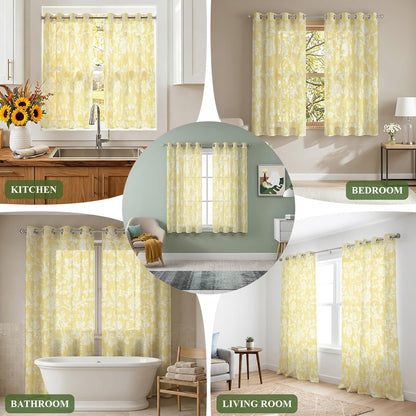 Lemon Yellow Flower Sheer Curtains 39 Inch Long 2 Panels, Pastoral White Plant Petal Leaf Rustic Linen Light Filtering Semi Sheer Drapes Grommet Voile Window Curtain for Living Bedroom W27.9 x L39