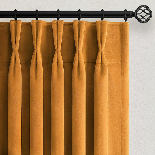 Mustard Yellow Velvet Pleated Curtains 84 Inches Long for Living Room Modern Elegant Super Soft Velvet Drapes With Hooks for Dining Room Darkening Privacy Window Treatments Farmhouse Curtains 2 Panels