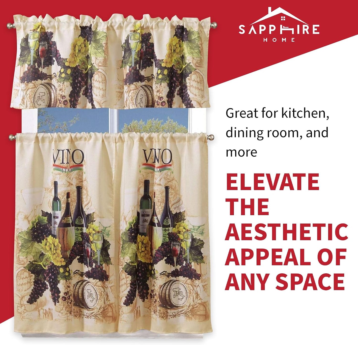 Sapphire Home Kitchen Curtain Linen 3 Piece Set - 2 Tiers + 1 Tailored Valance, Sunflower Design Linen Stylish Window Curtains for Your Kitchen Décor, KC Sunflower White Green Yellow