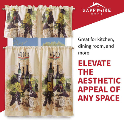 Sapphire Home Kitchen Curtain Linen 3 Piece Set - 2 Tiers + 1 Tailored Valance, Sunflower Design Linen Stylish Window Curtains for Your Kitchen Décor, KC Sunflower White Green Yellow