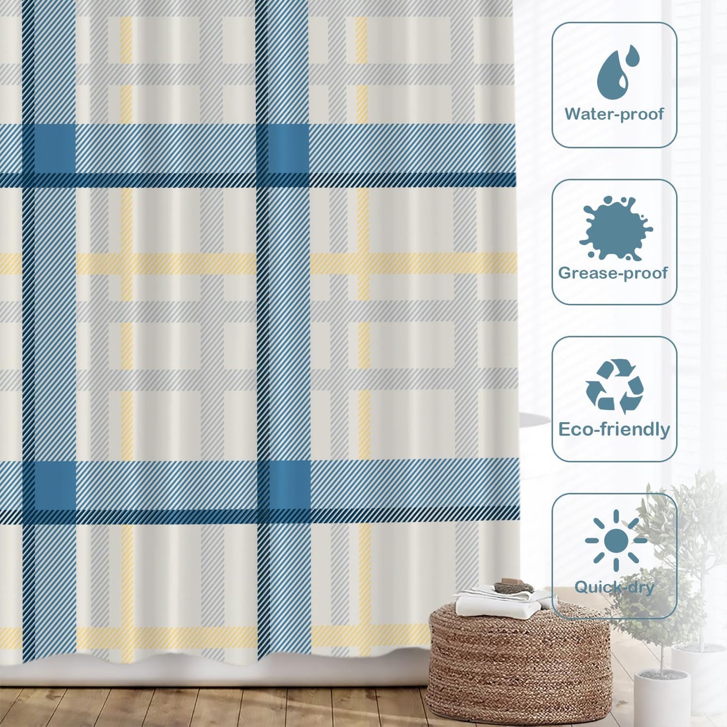 Batmerry Plaid Blue Decor Shower Curtain, Yellow Gingham Check Plaid Pattern Bathroom Decor Polyester Fiber Plastic Rings Quick-Drying Waterproof for Bathtubs/Bathroom, 72X72 Inches