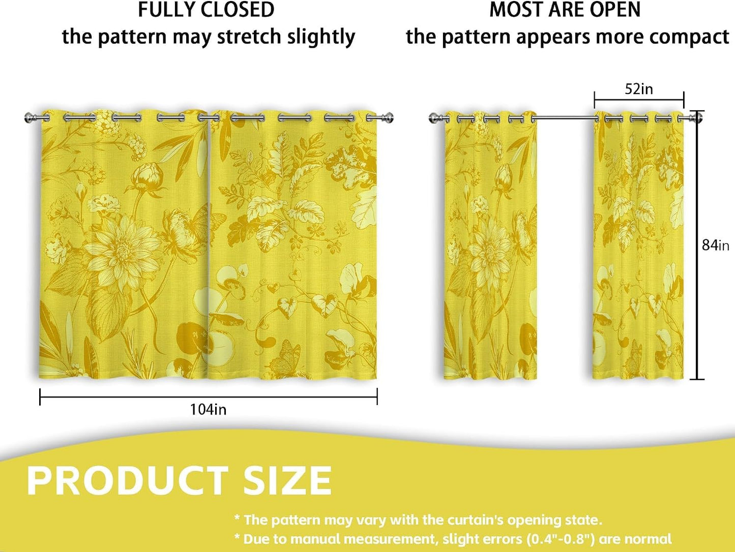 Mustard Yellow Vintage Botanical Blackout Curtains Patterned Yellow Floral Window Drapes for Bedroom Living Room, 84 inch Length 2 Panels Set, 52x84 inch