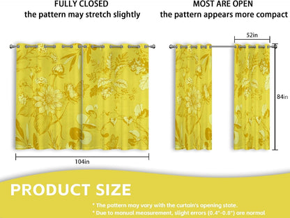 Mustard Yellow Vintage Botanical Blackout Curtains Patterned Yellow Floral Window Drapes for Bedroom Living Room, 84 inch Length 2 Panels Set, 52x84 inch