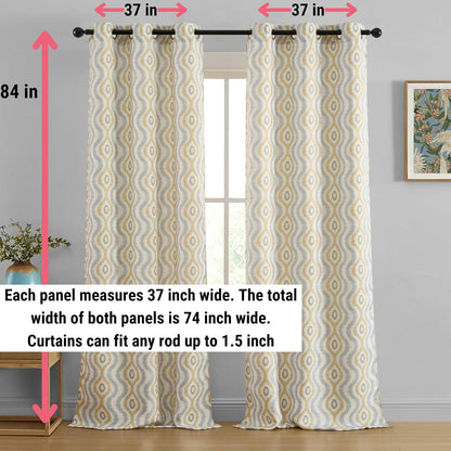 HLC.ME Tanner Grey and Yellow Gold Patterned Curtains - Geometric Grommet Curtains for Bedroom - Ogee Ikatt Light Reducing Window Panels, Set of 2-37 W x 84 L