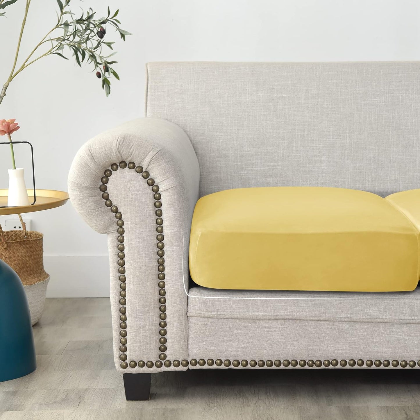 CONRUSER Stretch Cushion Cover, Soft Velvet Plush Cushion Slipcover Seat Sofa Covers Furniture Protector with Elastic Bottom (Yellow, 3)