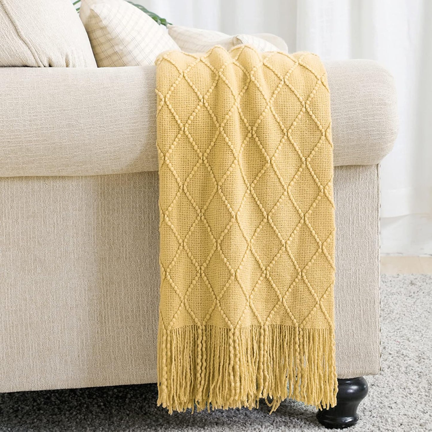 BOURINA Mustard Throw Blanket 50x60 Inches Throw Textured Solid Soft Sofa Couch Decorative Knit Blanket