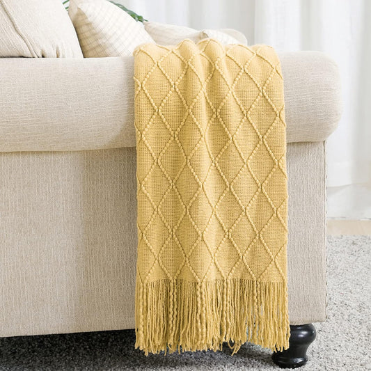 BOURINA Mustard Throw Blanket 50x60 Inches Throw Textured Solid Soft Sofa Couch Decorative Knit Blanket