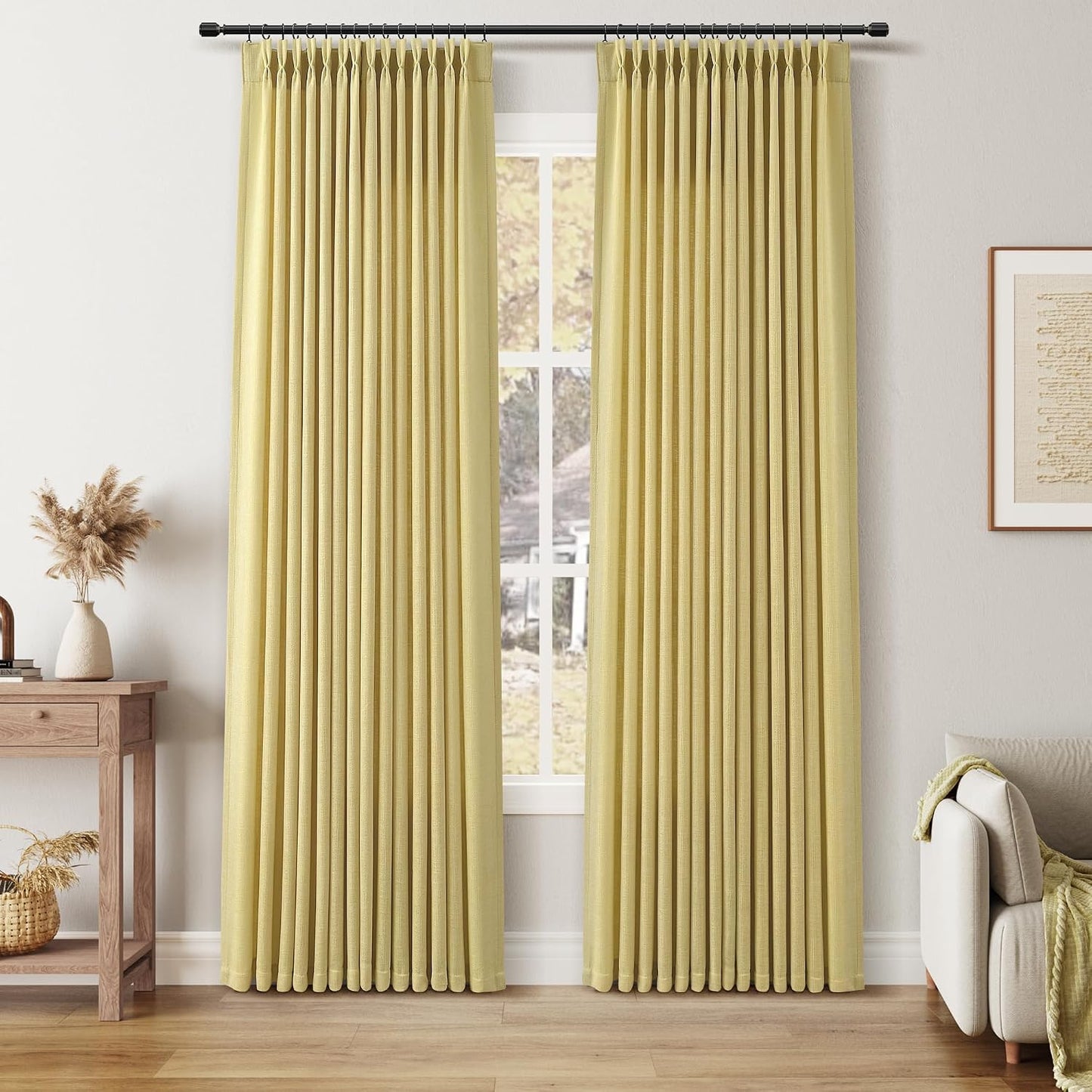 Yellow Linen Pinch Pleated Curtains 84 Inches Long 2 Panels for Living Room Bedroom Farmhouse Autumn Fall Boho Back Tab Thick Semi Sheer Light Filtering Privacy Window Drapes Clip Rings Hooks 40x84