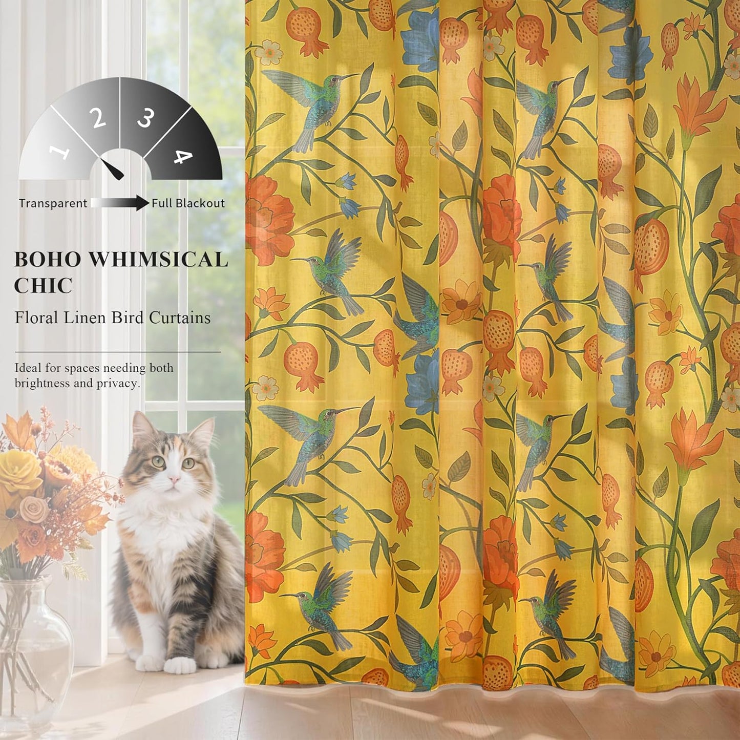 JOOJA Mustard Yellow Floral Linen Curtains, Boho Whimsical Bird Print Curtains for Bedroom Window Colorful Patterned Sheer Curtains for Living Room Kitchen 2 Panels 84 Inches Long