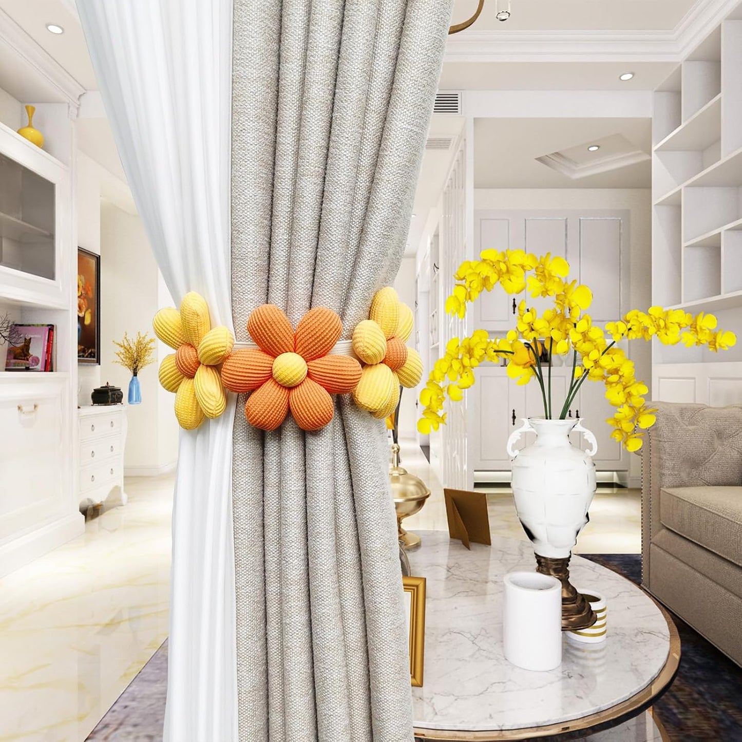 2pcs Curtain Ties Flower Curtain Buckles, Flower Curtain Tiebacks Simplicity Curtain Ties with Buttons,Decorative Curtain Tie Backs for Curtains Bedroom Window (Orange+Yellow)