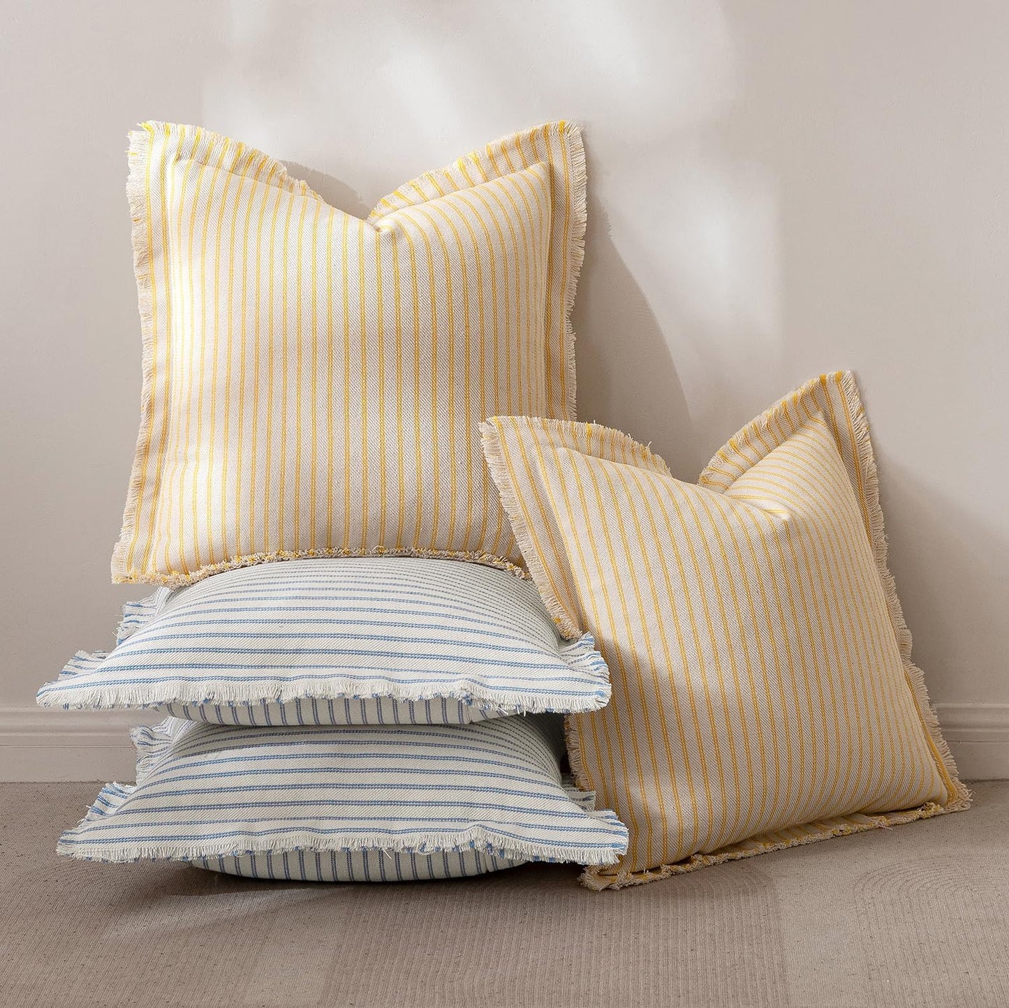 MIULEE Pack of 2 Yellow Pillow Covers 20x20 Inch Striped Farmhouse Couch Spring Throw Pillow Covers with Fringe Chic Cotton Decorative Cushion Covers for Summer Sofa Living Room Bed Outdoor Home Decor
