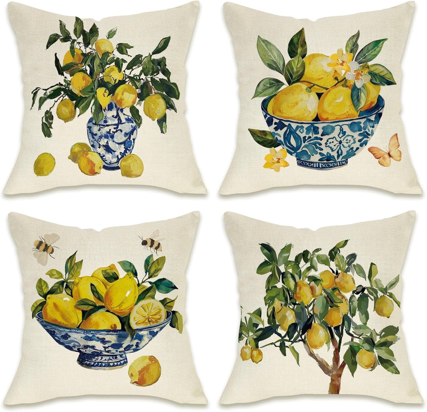 Fahrendom Italy Capri Lemon Decorative Throw Pillow Covers 18 x 18 Set of 4, Italian Amalfi Coast Citrus Blue and White Porcelain Pillowcase, Summer Mediterranean Sofa Couch Cushion Case Home Decor