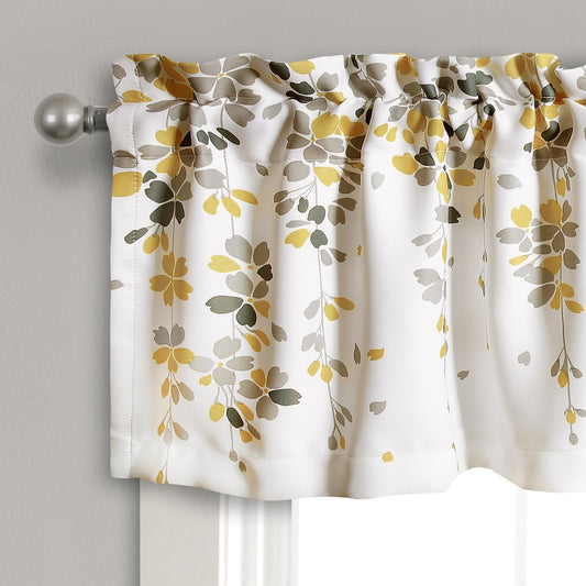 Lush Decor Weeping Flower Light Filtering Valance, 52" W x 18" L + 2" Header, Yellow & Gray - Floral Curtains - Valance Curtains - Bathroom & Kitchen Valances For Windows - Cottage & Farmhouse Decor