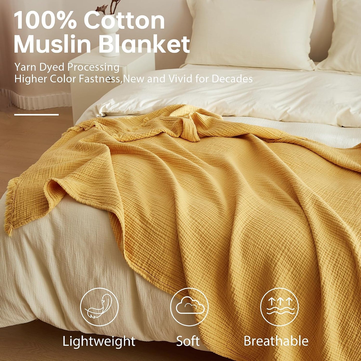 Simple&Opulence Cotton Muslin Throw Blanket 4 Layers for Bed, Couch, Woven Gauze Blanket with Tassels, Soft Lightweight Cozy Pre-Washed Breathable Farmhouse Decoration for All-Season(Yellow)