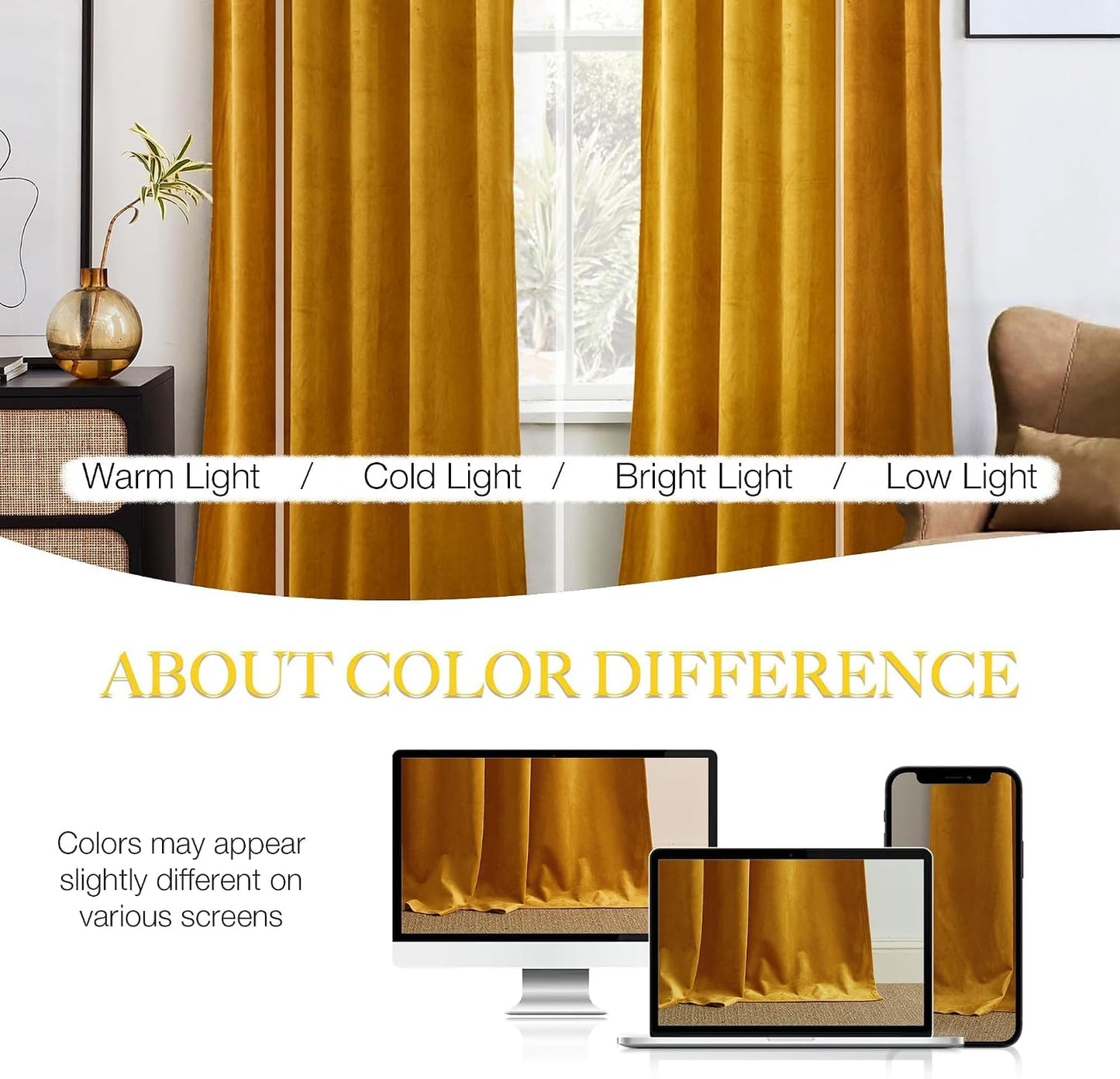 NICETOWN Yellowish Gold Velvet Curtains 108 inches Long, Bedroom Velvet Window Drapes, Luxury Curtains Home Decoration Thick Drapes for Dining Room (1 Pair, 52 Wide)