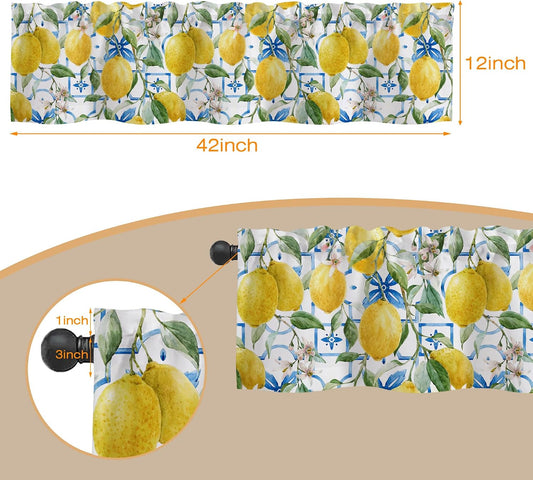 Valances Curtains for Windows, Hand Drawn Lemons and Blue Tiles Semi Sheer Curtain Valances,Rod Pocket Short Window Treatment Light Filtering Decor Valances for Kitchen Living Room Bedroom - 42"x12"