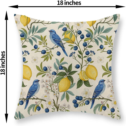 Chinoiserie Pillow Covers 18x18 Set of 2 Blue Green Floral Bird Throw Pillows Vintage Botanical Yellow Lemon Flower Decorative Pillow Cases Outdoor Linen Cushion Cover for Couch Sofa Decor