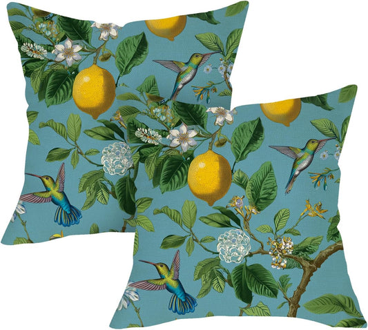 Rustic Blue Lemon Bird Floral Decorative Throw Pillow Covers 18 x 18 Set of 2, Vintage Flower Hummingbird Citrus Cottagecore Outdoor Home Decor, Farmhouse Spring Summer Sofa Couch Cushion Case