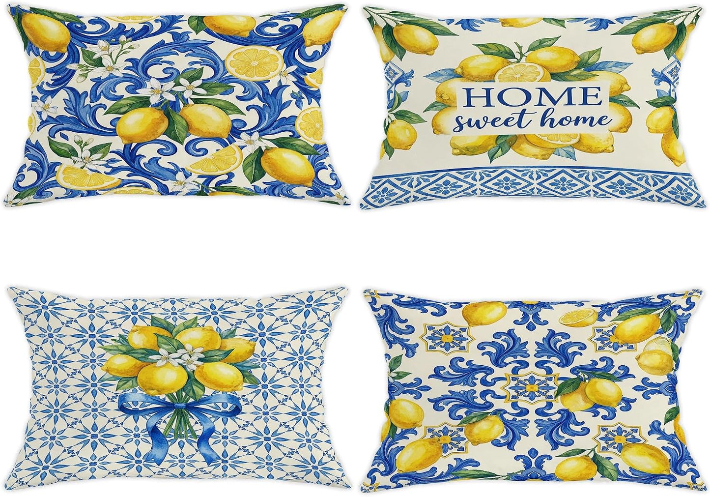 Lemon Throw Pillow Covers Set of 4, Mediterranean Traditional Floral Blue Swirls Summer Yellow Soft Velvet Washable Accents Pillows Cases for Home Bedroom Living Room Sofa Couch Decor 20x12 Inch