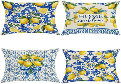 Lemon Throw Pillow Covers Set of 4, Mediterranean Traditional Floral Blue Swirls Summer Yellow Soft Velvet Washable Accents Pillows Cases for Home Bedroom Living Room Sofa Couch Decor 20x12 Inch