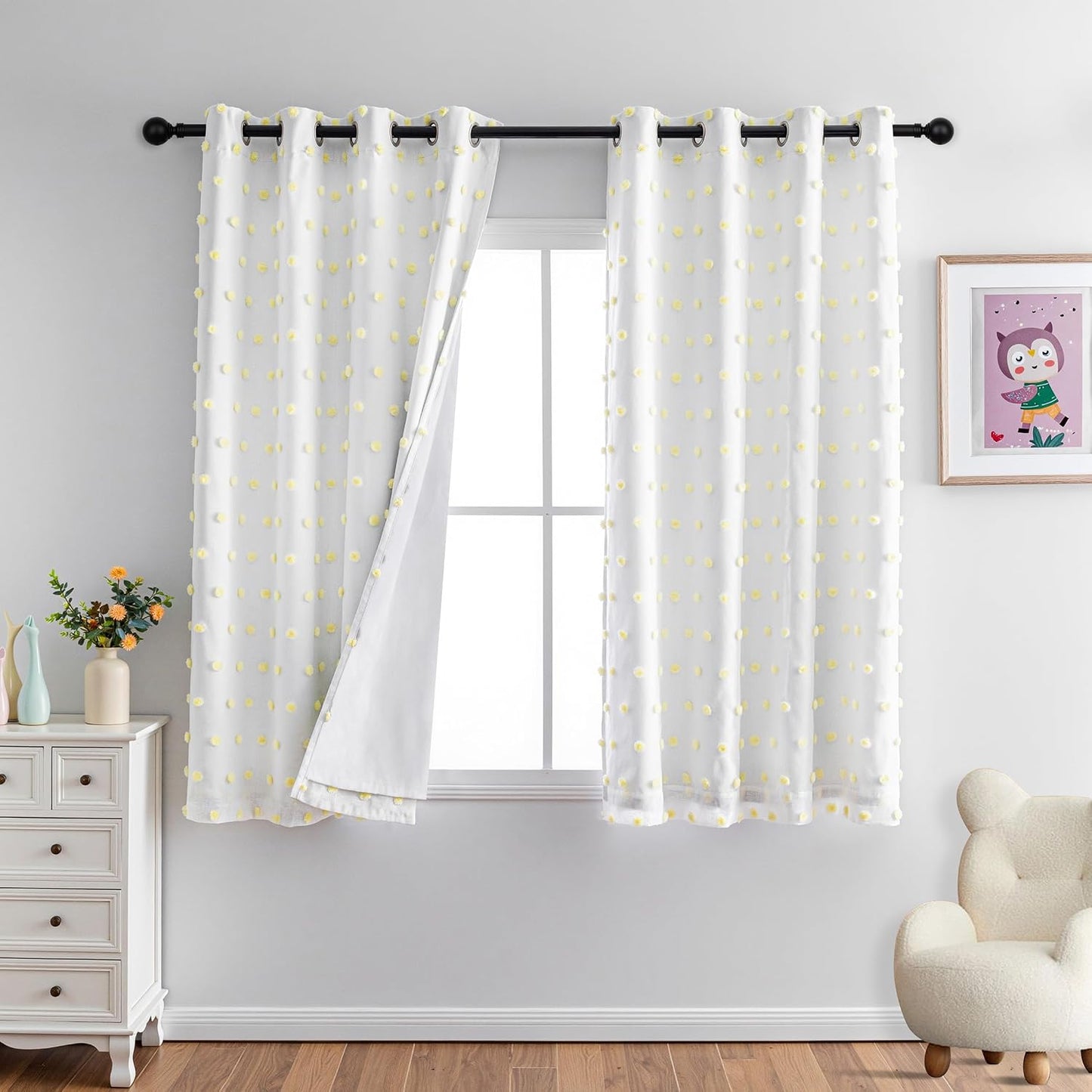 MYSKY HOME 100% Blackout Curtains for Nursery Thermal Insulated Yellow Pom Pom Curtains 63 Inch Length for Girls Bedroom 2 Panels Grommet White Sheer Curtains for Dining Room, 52W x 63L