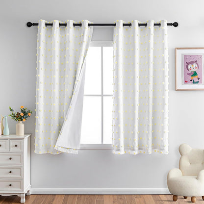 MYSKY HOME 100% Blackout Curtains for Nursery Thermal Insulated Yellow Pom Pom Curtains 63 Inch Length for Girls Bedroom 2 Panels Grommet White Sheer Curtains for Dining Room, 52W x 63L