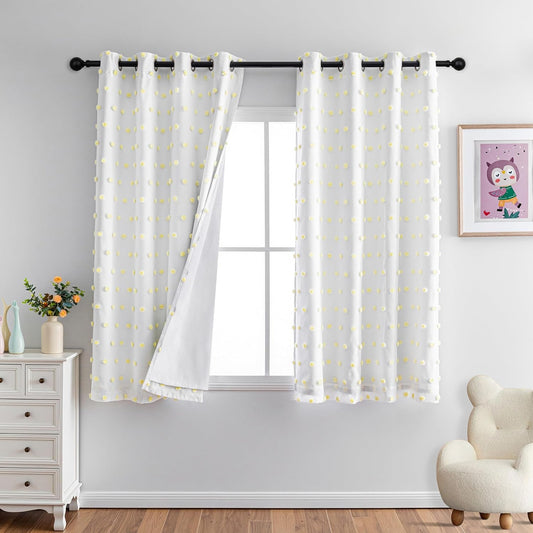 MYSKY HOME 100% Blackout Curtains for Nursery Thermal Insulated Yellow Pom Pom Curtains 63 Inch Length for Girls Bedroom 2 Panels Grommet White Sheer Curtains for Dining Room, 52W x 63L