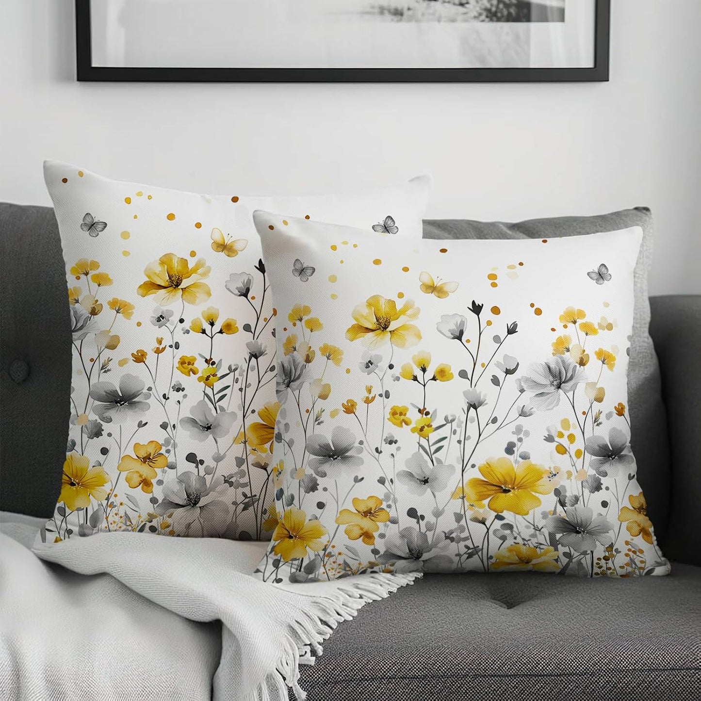 Spring Summer Flowers Pillow Throw Covers 18x18 Inch Yellow Gray Floral Pillow Covers Seasonal Decorative Pillowcases Cushion Case for Home Sofa Couch Bed Set of 2